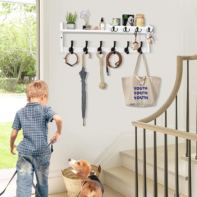 Coat Rack Wall Mount with Shelf, 27.5" Entryway Wall Hanging Shelf, Coat and Key Hanger with 10 Dual Hooks, Mail Organizer and Key Holder Hat Rack for Wall, Wood Coat Hooks with Storage