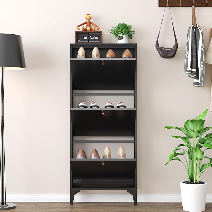 Shoe Cabinet with 3 Flip Drawers, 19" W Narrow Shoe Storage Cabinet, Farmhouse Shoe Organizer, Freestanding Organizer with Metal Legs for Entryway, Foyer (Narrow 3-Door, Black)