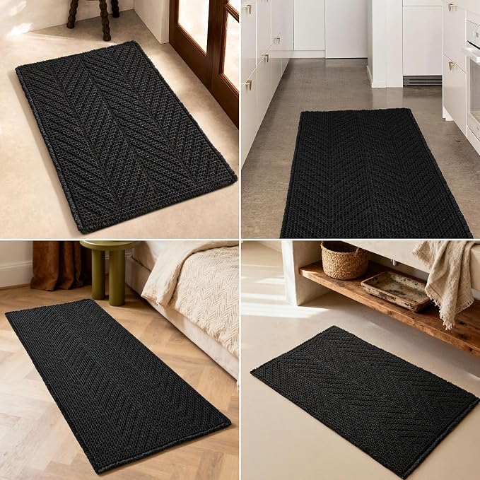 Sunfly Black Bathroom Rug, Waffle Bath Mat Non-Slip Washable Super Absorbent Quick Dry, Boho Farmhouse Bathroom Decor 24"x36" Black