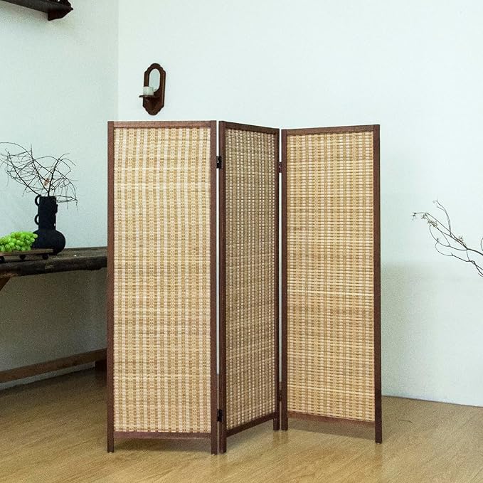 3 Panel Short Room Divider – 3.9 ft Tall Double-Side Folding Privacy Screen, Natural Brown Bamboo Partition Wall for Home Office, Living Room & Corner Spaces