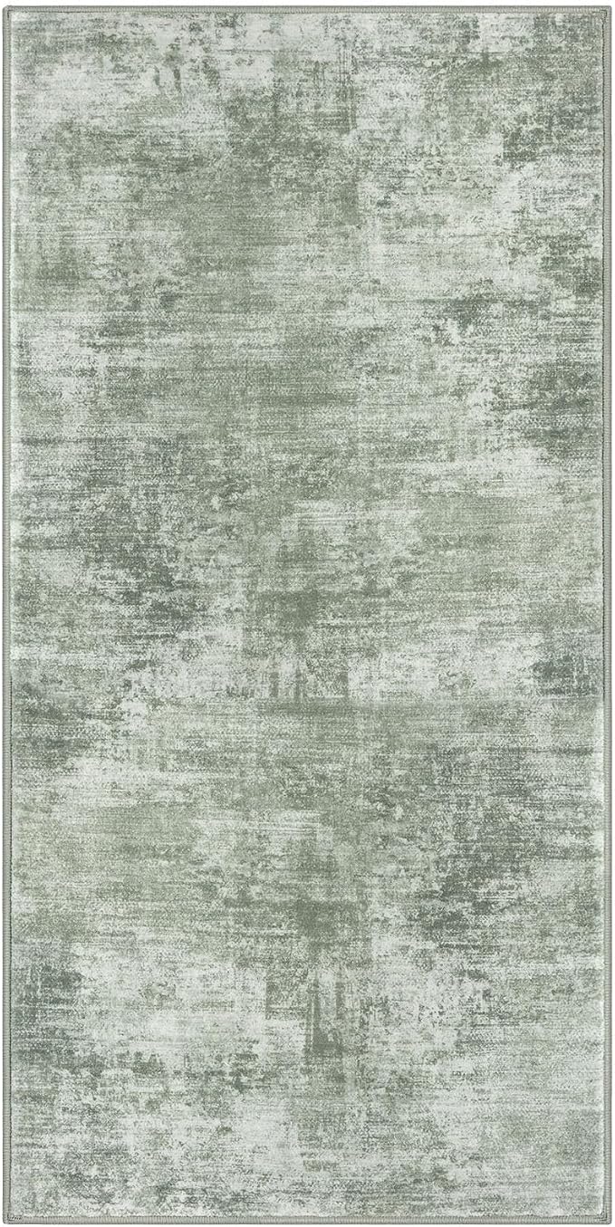IOHOUZE Abstract Runner Rug 3x6 Ft Washable Runners for Hallways, Non Slip Kitchen Runner Printed Faux Wool Entryway Runner Indoor, Modern Abstract Floor Carpet for Hall Kitchen Bedroom, Sage Green