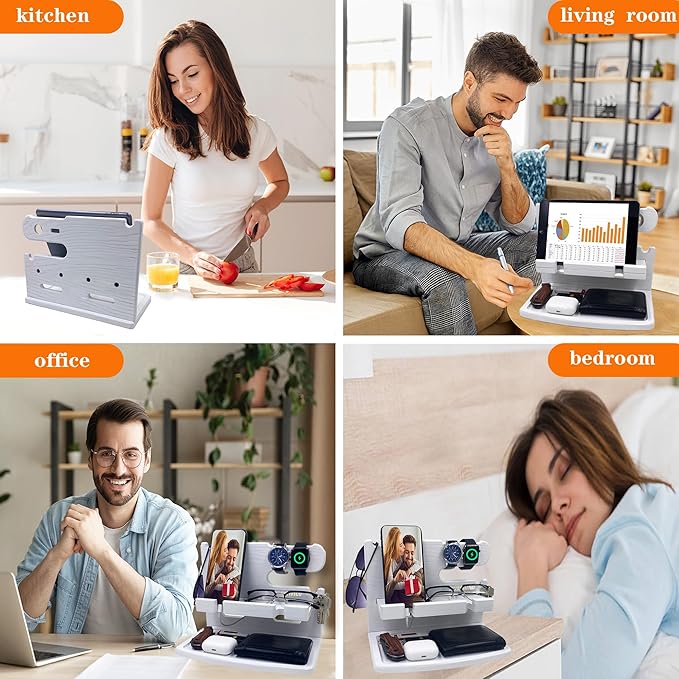 VEIYAILU Gifts for Women Girlfriend Him Men Dad Husband Boyfriend Nightstand Organizer Wood Phone Docking Station(White)