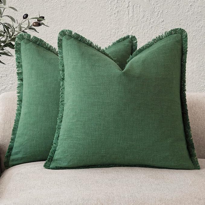 Foindtower Set of 2 Decorative Linen Fringe Throw Pillow Covers Cozy Boho Farmhouse Cushion Cover with Tassels Soft Accent Pillowcase for Couch Sofa Bed Living Room Home Decor, 22×22 Inch, Pine Green