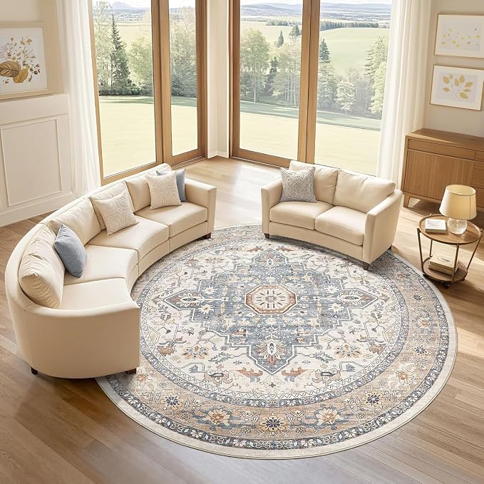 Round Rug Living Room Rugs: 7x7 Washable Boho Neutral Large Circle Soft Indoor Distressed Stain Resistant Floor Farmhouse Carpet for Bedroom Nursery Kids Playroom Office Dining Room Dorm- Beige Blue