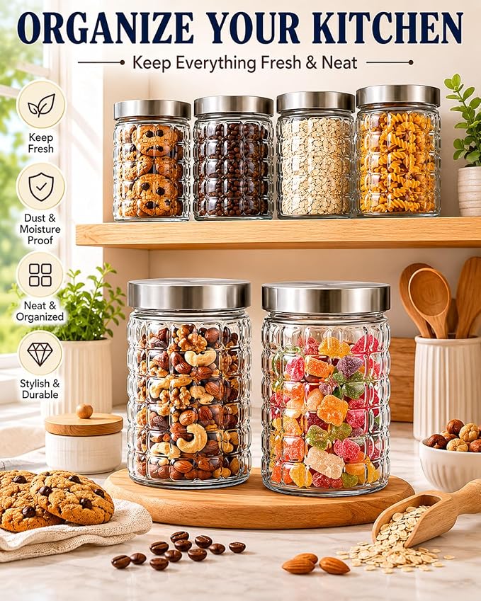 Glass Storage Containers, 2 Pack Glass Jars With Lids Round Canister Airtight Food Storage Containers, Clear Canisters With Lids For Cookies, Candy, Coffee, Sugar, Rice, Pasta (27 oz)