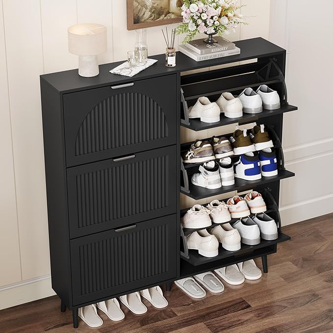 Shoe Storage Cabinet with 6 Flip Drawers, Narrow Wood Shoe Organizer Cabinet with Fluted Panel, Slim Shoe Rack for Entryway, Freestanding Shoe Cabinet for Living Room, Hallway, Black