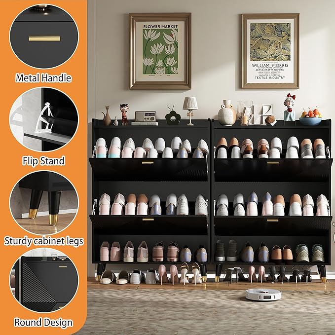 Shoe Cabinet Storage for Entryway: 65" Black Narrow Shoe Organizer Cabinet with 4 Flip Drawers, Modern Hidden Shoes Rack for Front Door Entrance (Black, 4 Drawers)
