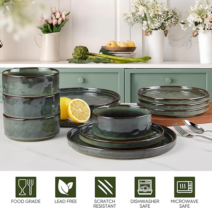LIANYU Stoneware Dinnerware Dishes Sets for 8, 24 Piece Plates and Bowls Dishware Set, Ceramic Dinning Ware Includes Dinner Salad Plates, Cereal Bowls, Chip & Scratch Resistant,Moss Green