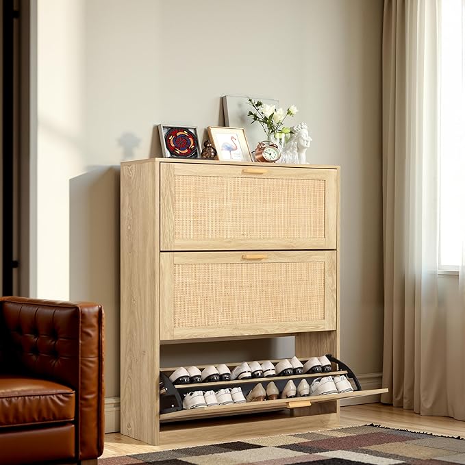 Finnhomy Extended Edition Shoe Cabinet with Natural Rattan Flip Drawers for Entryway, Free Standing 3 Tier Slim Shoe Organizer, Shoe Cabinet with 3-Gear Adjustable Width Drawers, Natural