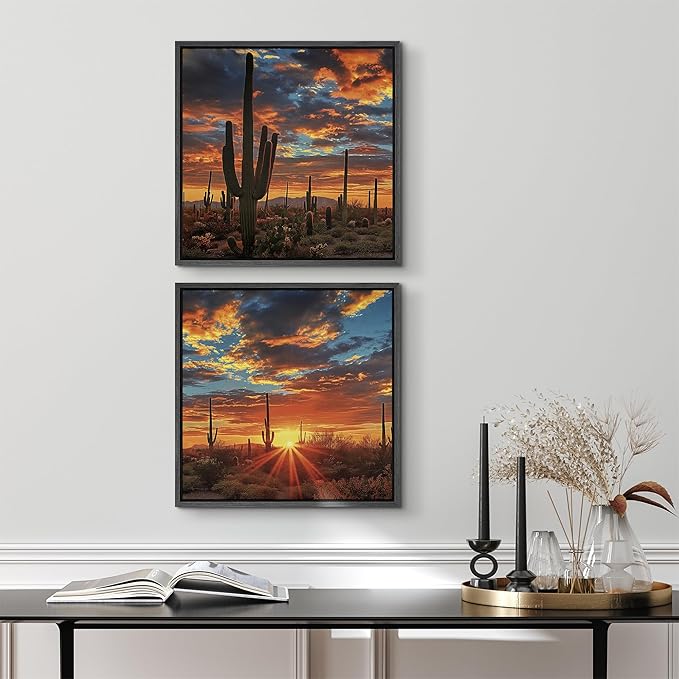 SIGNFORD Framed Canvas Print Wall Art Set Desert Sunset Cactus Artwork, Dramatic Sky Southwest Landscape Illustrations Modern Art Minimal Relax/Calm for Living Room, Bedroom, Office - 16"x16"x2 BLACK