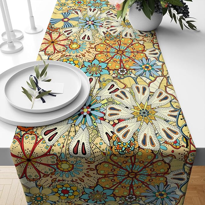 Mandala Floral Table Runner Retro Colorful Hippie Flowers Boho Art Tabler Decor for Bedroom Kitchen Living Room Dining Party Yellow Table Runner, 13x36 Inch