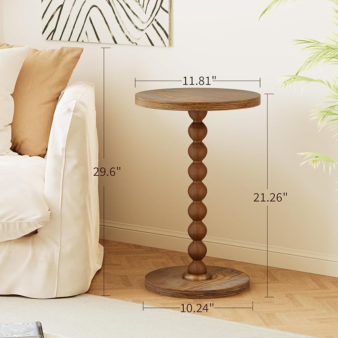 Round Side Table, Drink Table for Small Spaces, Modern Accent Nightstand with Rubberwood Leg for Living Room, Bedroom, Corners, and Office, Set of 2 (Brown)