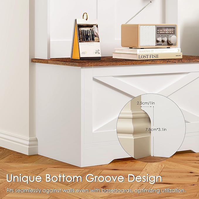 CHANCEE Hall Tree with Bench and Storage, Vintage White Coat Rack with 5 Hooks, 2 Shelves, Cabinet, Space-Saving Entryway Wardrobe Organizer for Bedroom, Hallway, or Mudroom