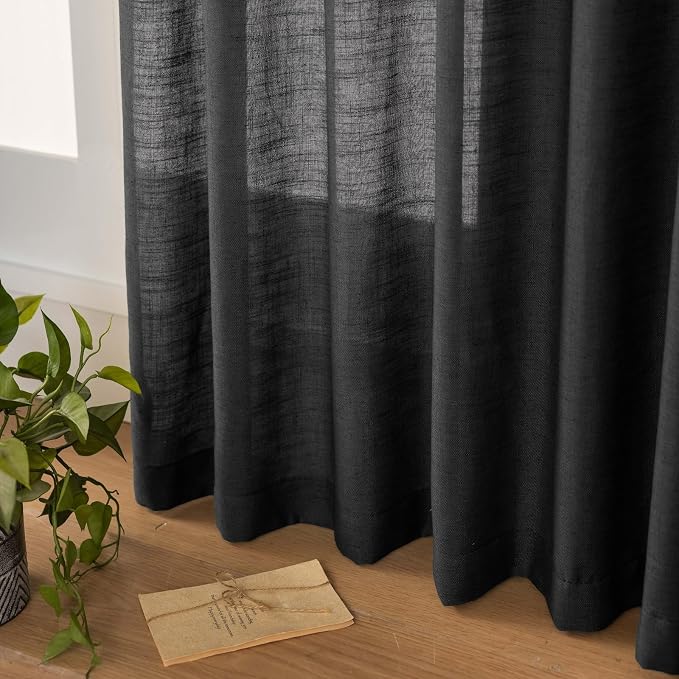 Black Linen Sheer Pinch Pleated Sliding Door Curtains, Neutral Light Filtering Curtains & Drapes 102 Inches Long, Textured Modern Dark Academy Moody Floor to Ceiling Window Curtain Panels
