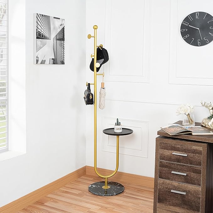 JIAYUEJU Coat Rack Freestanding with Table & 6 Hooks, Corner Coat Tree, Heavy-duty Marble Base Coat Rack Stand for Bedroom Living Room Office Entryway 13.78 x 13.78 x 68.11 Inches (Gold)
