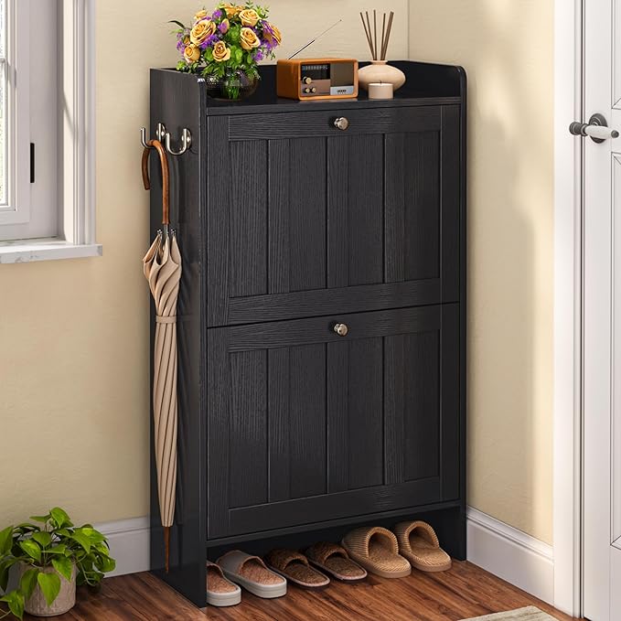 Gizoon Shoe Cabinet with Open Storage, Shoe Storage Cabinet for Entryway, Freestanding Narrow Rack with 2 Flip Drawers, Space-Saving, for Hallway, Black