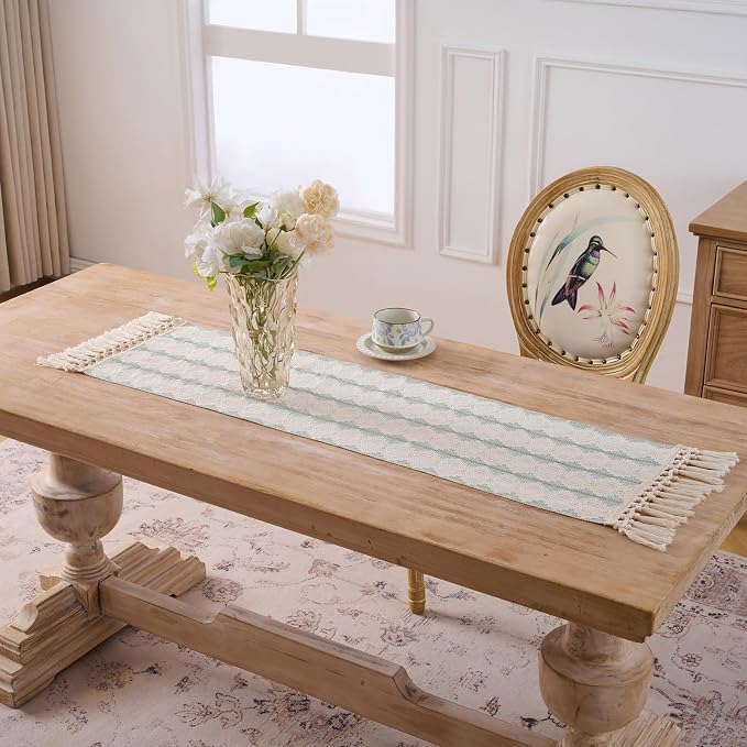 Fancy Homi Sage Green Boho Cotton Polyester Table Runner 48 Inches Long, Farmhouse Macrame Table Runners with Tassels for Home Party Bohemian Rustic Bridal Shower Kitchen Dining Decor 12x48 Inches