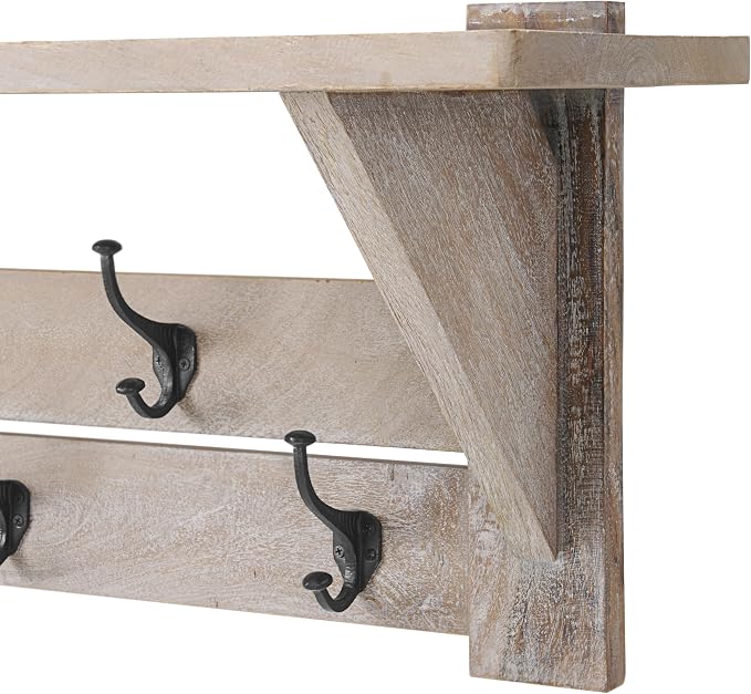 Alaterre Furniture Bethel Wall-Mounted Coat Rack with Shelf – Modern Farmhouse 40-Inch Solid Wood Entryway Organizer with 5 Black Metal Double Hooks & Upper Storage Shelf (Driftwood Finish)