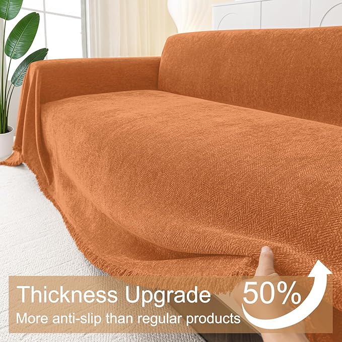 Smiry Couch Cover for Dogs, Washable Chenille Sofa Covers for 3 Cushion Couch, Soft Sofa Slipcover for Pets, Thick Sectional Furniture Protector with Tassels (Orange, 88.5x134 Inch)