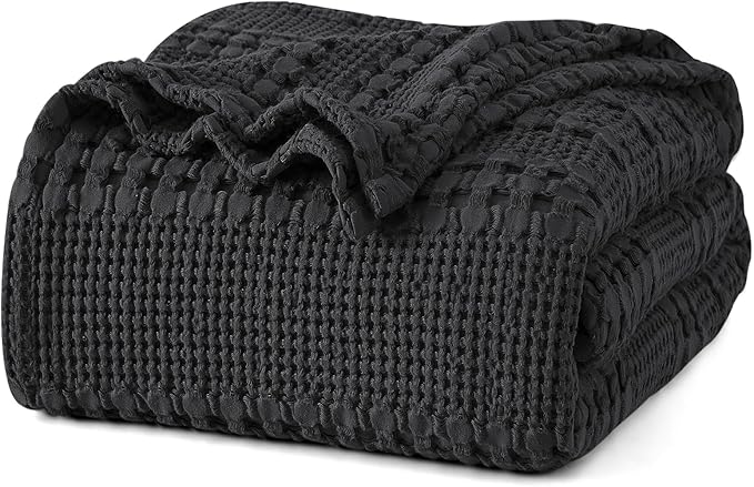 PHF 100% Cotton Waffle Weave Blanket King Size for Bed, Soft Lightweight & Breathable for Spring and Summer, All-Season Comfort, Luxury Aesthetic Blanket for Home Decor, 108"x90", Black