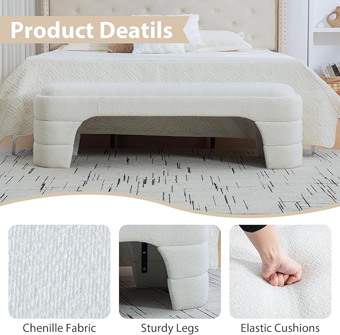 Chifee & Vingol 64.96" W End of Bed Bench Upholstered Bedroom Benches Modern Living Room Bench for Entryway, Dining Room and Living Room,White