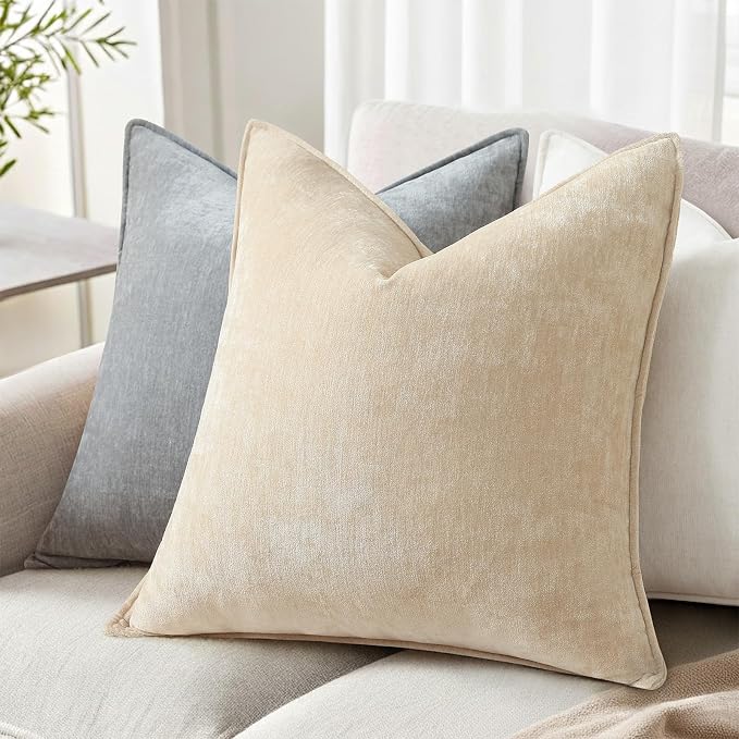 decorUhome Summer Couch Euro Sham Throw Pillow Covers 26x26 Set of 2, Decorative Soft Velvet Modern Cozy Chenille Pillow Cases with Elegant Design for Sofa Bed Living Room Home Decor, Beige