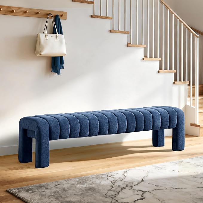 63’’ Bedroom Bench, Upholstered End of Bed Bench with Solid Wood Legs, Modern Long Dining Bench with Full Covered Fabrics for Entryway, Bedroom, Living Room (Blue, Chenille)