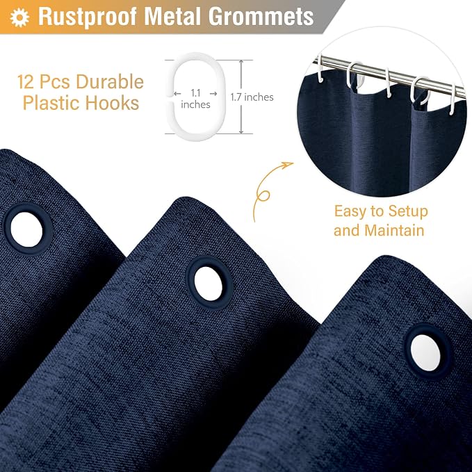 BTTN Navy Blue Shower Curtain - Linen Textured Heavy Duty Waterproof Cloth Shower Curtain Set with 12 Plastic Hooks, Hotel Spa Luxury Simple Decorative Thick Fabric Shower Curtain for Bathroom, 72x72