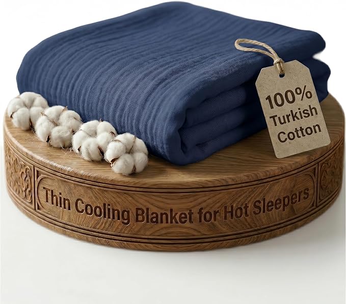 Goqan Muslin Blanket Queen 79x90 – 100% Turkish Cotton 4 Layer Boho Muslin Blanket for Adults, Four Season, Lightweight and Thin, Soft, Breathable for Bed, Couch - Navy