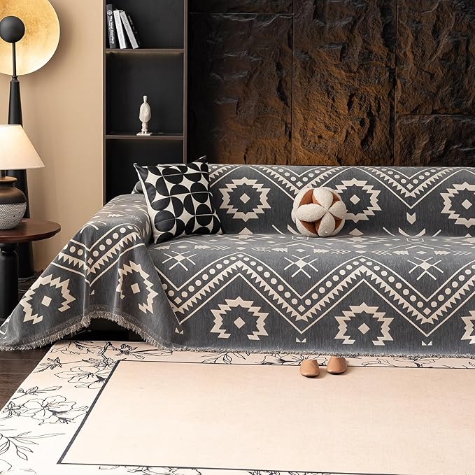 VClife Bohemian Aztec Couch Cover Sectional Sofa Slipcover Washable Chenille Couch Cover for 3 Cushion Couch Sofa - Gray White Tribal Geometric Pattern Furniture Protector with Tassel Edge 71" X 134"