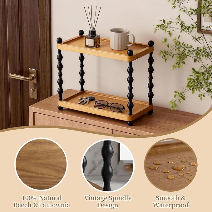 2 Tier Bathroom Counter Organizer, Wood Perfume Makeup & Skincare Organizers for Vanity, Retro Bathroom Sink Countertop Storage shelf for Corner, Kitchen and Coffee Station (Light Brown)