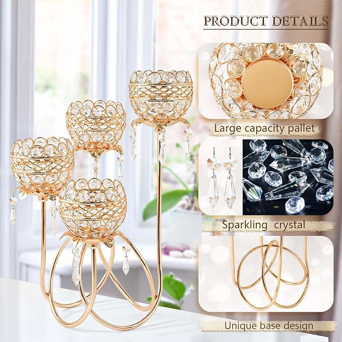 4 Arms Crystal Candelabra Tealight Holder - Tall 15.7 Inch Elegant Centerpiece with Crystal Pendant Bowls & Artistic Metal Stand for Wedding, Dining Table, Home Decor (4, Gold)
