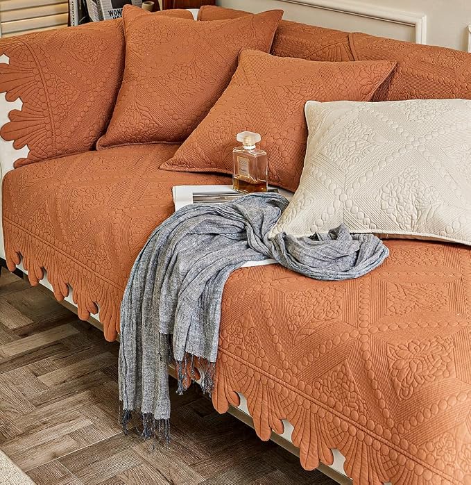 vctops Neutral Cotton Quilted Couch Sofa Cover Floral Embroidery Non-Slip Sectional Couch Covers Soft Cozy Sofa Slipcover for Dogs Cats Pet Armrest Backrest Cover (Brown Orange,43"x63")