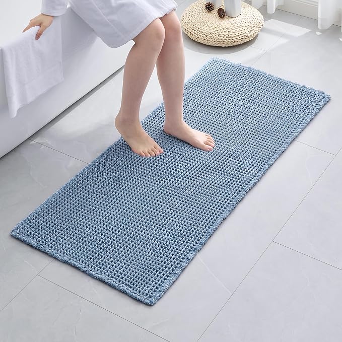 Disolla Waffle Bath Mat, Non Slip Absorbent Bathroom Runner Rug, Washable Quick Dry Ultra Soft Long Bathroom Floor Mat, Large Blue & White Bath Rug for Tub Shower, 24''x59''