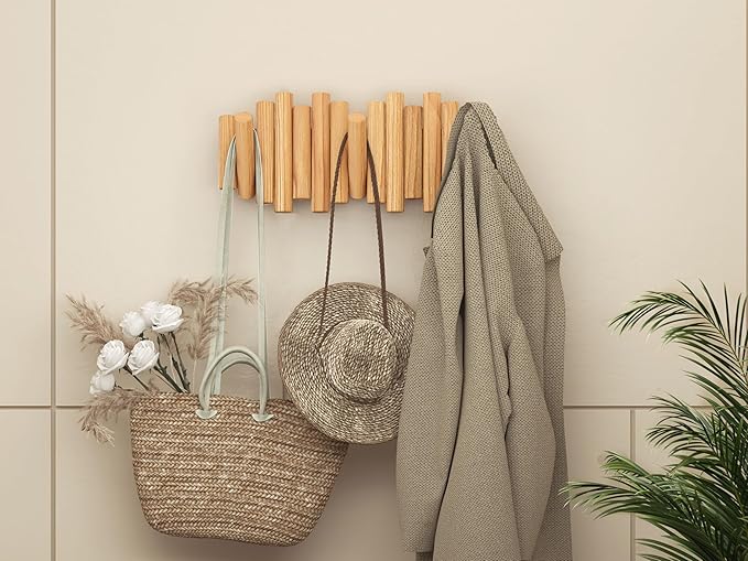 Folding Wall Coat Rack - entryway Hooks foldable - Wooden Coat Rack Wall Mount - modern Wall Mounted Coats Rack - Coat Hanger Walls Mount Coat Racks - folding coat hooks for Key bag clothes towels
