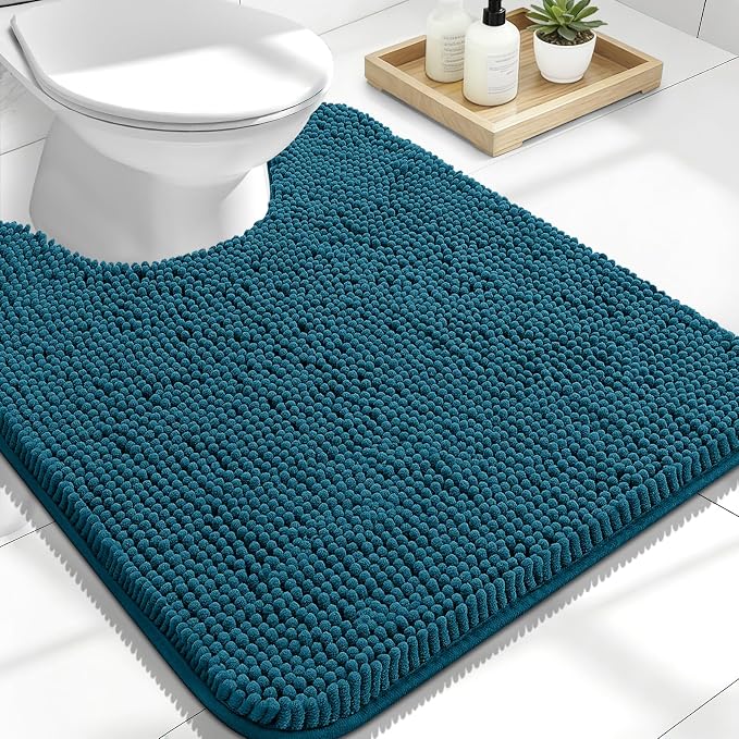 OLANLY Toilet Rugs U-Shaped 24x20, Extra Soft Absorbent Chenille Contour Bathroom Rugs for Toilet, Dry Quickly, Machine Washable, Non-Slip Bath Mat, Peacock Blue