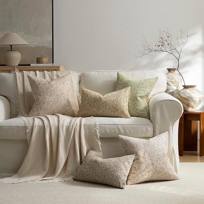 Pack of 2 Neutral Throw Pillow Covers 22x22 Boho Textured Dots Stripe Chenille Large Square Decorative Pillow Cases Accents for Living Room Couch Bed Farmhouse Home Decor, Beige