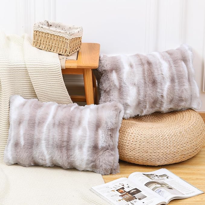 MADIZZ Pack of 2 Thick Plush Faux Wool Throw Pillow Covers Soft Boho Throw Pillows Luxurious Cushion Covers for Couch Sofa Bedroom Living Room Home Decor 12x20 Inch White Taupe
