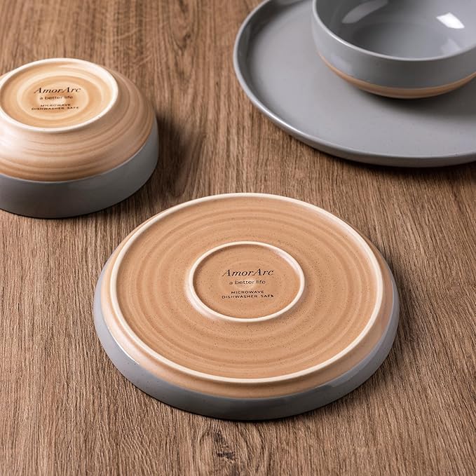 AmorArc Ceramic Dinnerware Sets for 6, 18 Pieces Handpainted Plates and Bowls Set with Rustic Terracotta Underside, Scratch Resistant Stoneware Dishes Set, Dishwasher & Microwave Safe, Gray