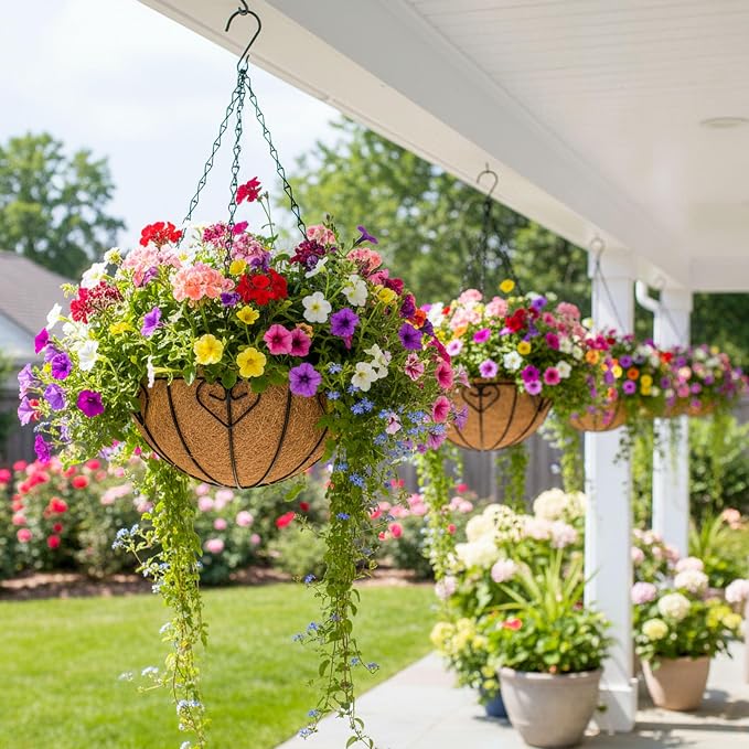 4pcs 14 inch Metal Hanging Baskets Round Wire Plant Stand with Coco Lining Cushion Decorative Planter Hanger Garden Indoor Outdoor Watering Hanging Basket （AX）