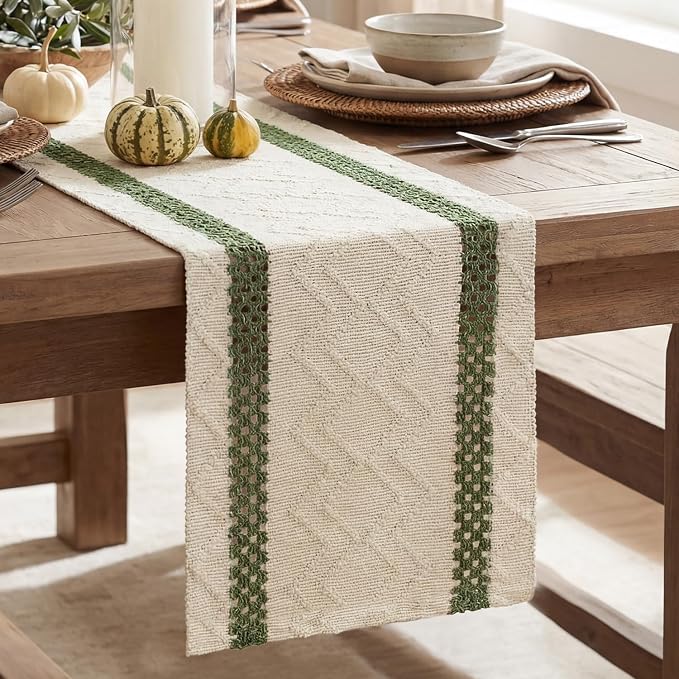 Artoid Mode Army Green Stripe Woven Table Runner, Seasonal Holiday Hollow Kitchen Dining Table Decoration for Home Party Decor 12x72 Inch