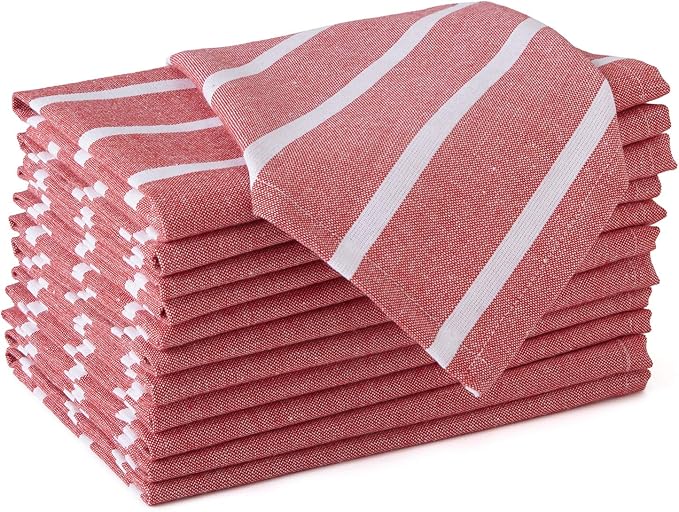 Encasa XO Cotton Cloth Napkins Set of 12, 17"x17" | Washable & Reusable Dinner Napkins Roma Red Stripes Table Napkins for Farmhouse, Wedding, Holiday, Party & Everyday Dining