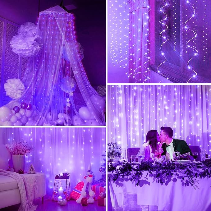 Minetom Halloween Purple Curtain Lights, 300 LED Dimmable Fairy Lights with Remote and Timer, 8 Modes, USB Powered String Lights for Room Wall Party Xmas Indoor Decor