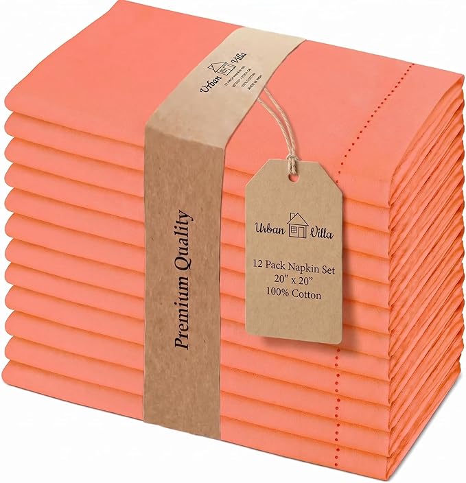 Urban Villa Cloth Napkins 100% Cotton Highly Absorbent Washable Reusable Premium Dinner Napkins Ideal for Gifts for Mothers Day Hotel Farmhouse Parties - Orange Hemstitch (20" x 20", Set of 12)