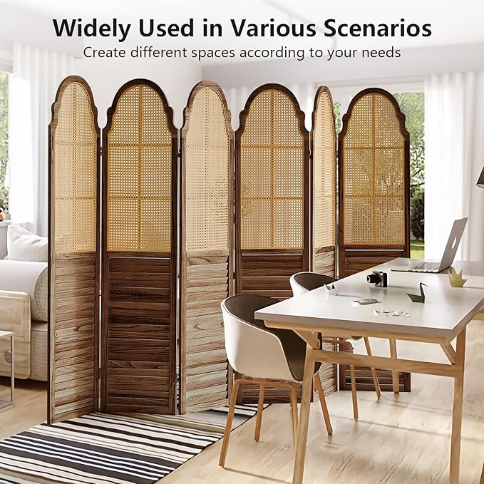 Wood Room Divider 6 Panel, Folding Privacy Screen, Rattan Room Divider Wall, Foldable Wood Divider Panel, Separate Portable Partition Screen Divider for Room Separation Bedroom Garden (Brown)
