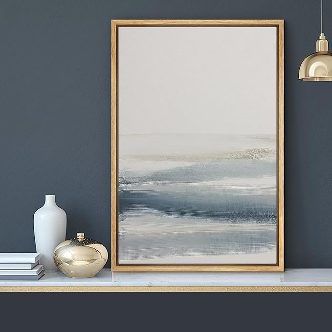 MUDECOR Framed Canvas Print Wall Art Minimalist Neutral Abstract Landscape Soft Blue Beige Illustrations Minimalism Decorative Bohemian Colorful Zen for Living Room, Bedroom, Office - 16"x24" NATURAL
