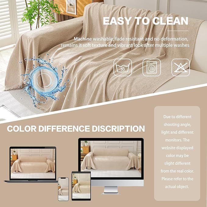 DREAMINGO Sofa Covers Washable Thick Chenille Couch Cover for 3 Cushion Couch Sofa Multi-Use Couch Cover Blanket Modern Pet Furniture Protector Sectional Couch Slipcover 71"x150", Khaki