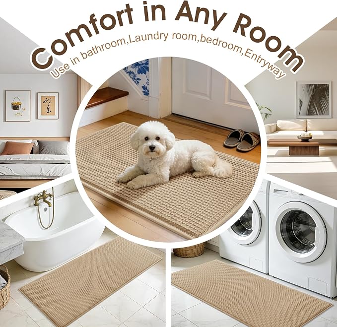 ACCUMTEK Memory Foam Bath Mat, Ultra Soft Absorbent Waffle Bathroom Rugs, Super Non-Slip PVC Backing Bath Rug Quick Dry, Machine Washable Rug for Tub, Shower, Home Decor Accessory, 32" x 20", Beige