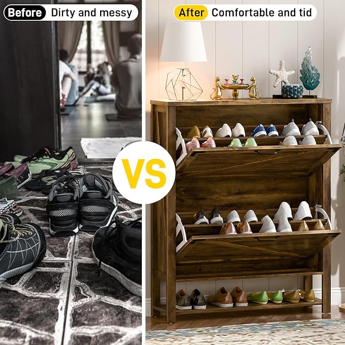 Shoe Storage Cabinet with 2 Flip Drawers, 5 Tier Narrow Hidden Shoe Cabinet for Entryway, Slim Wooden Farmhouse Shoe Rack Organizer Cabinets, Rustic Brown