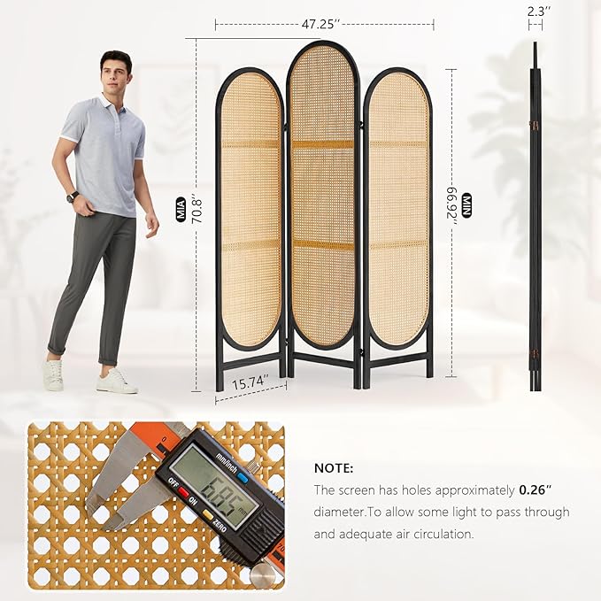 Room Divider 3 Panel, Hand-Woven Rattan Room Divider with Wooden Frame, Unique Design Foldable Privacy Screen, Portable Freestanding Partition Screen for Home Office, Bedroom, Black